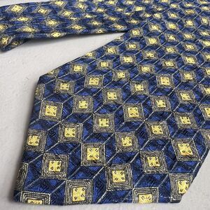 Ermenegildo Zegna Navy Blue 100% Silk w/ Yellow Gold Diamond‎ Geometric Neck Tie